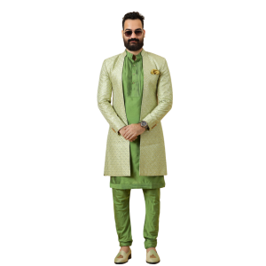 Handmade Lime Green Geometrical Embroidered Open Sherwani with Green Kurta Pajama for Men - Father Son Combo | Jaipurio
